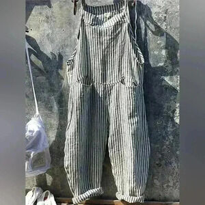 Striped Wide Leg Soft and Slouchy Linen/Cotton Overall Dungarees